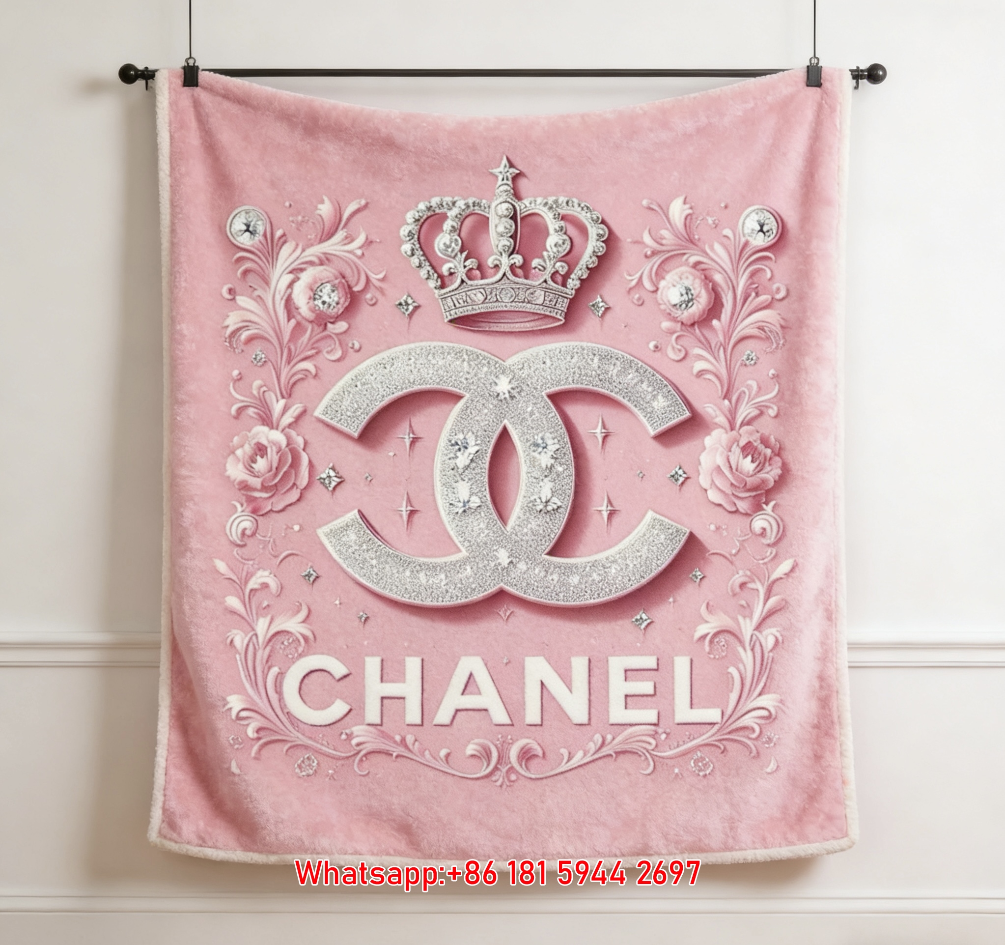 Chanel Pink Crown Floral Flannel Throw Blanket IMG_7129